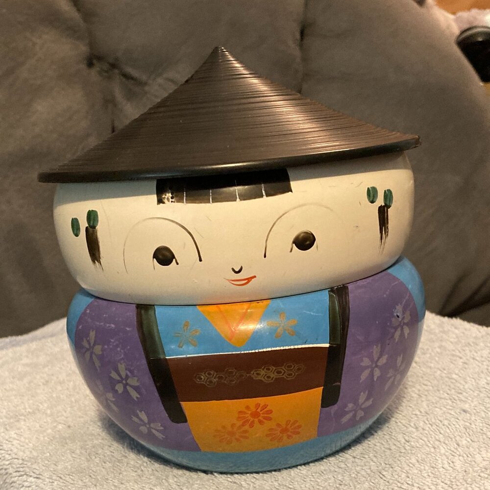 VTG Japanese Lacquer Stacking Box Kokeshi Doll Trinket Bento Bowls (3 pcs)-VGUC